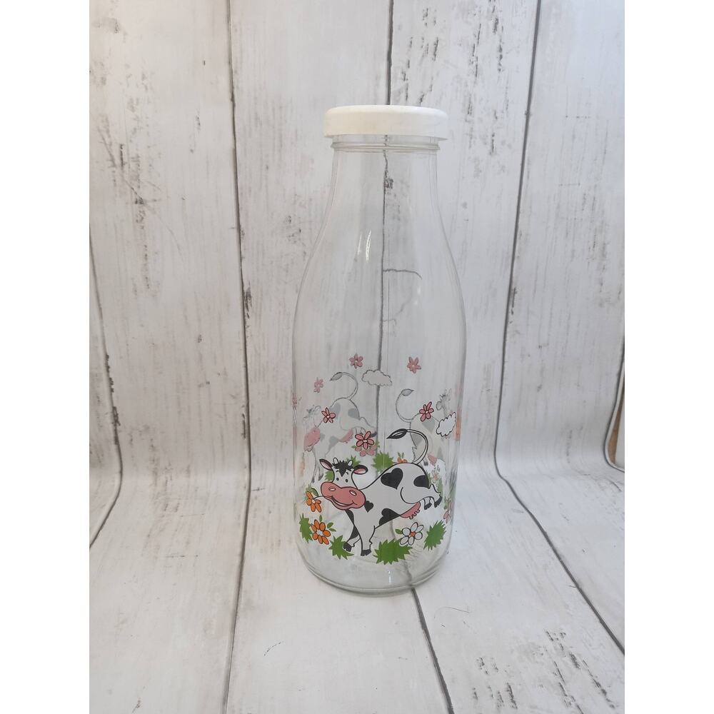 Colorful Cow Milk Bottle Set of 2 Made in France Red Barn Farm Scene
